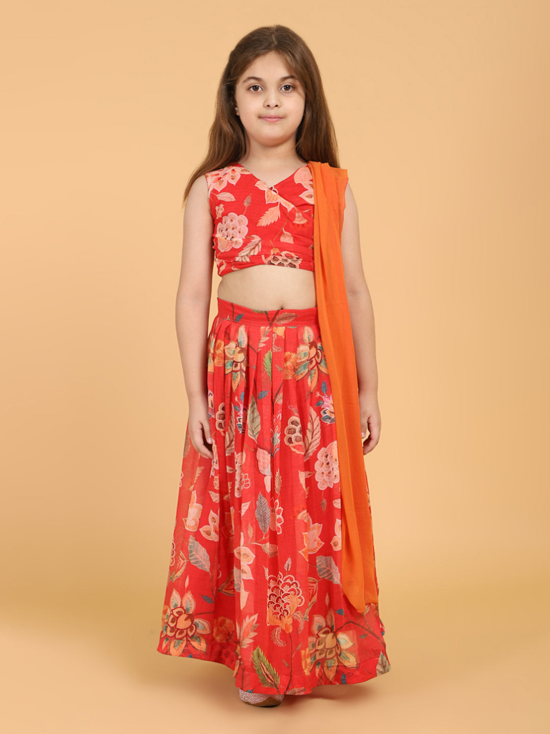 PICCOLO Floral Printed Chiffon Lehenga Choli with Dupatta-Red