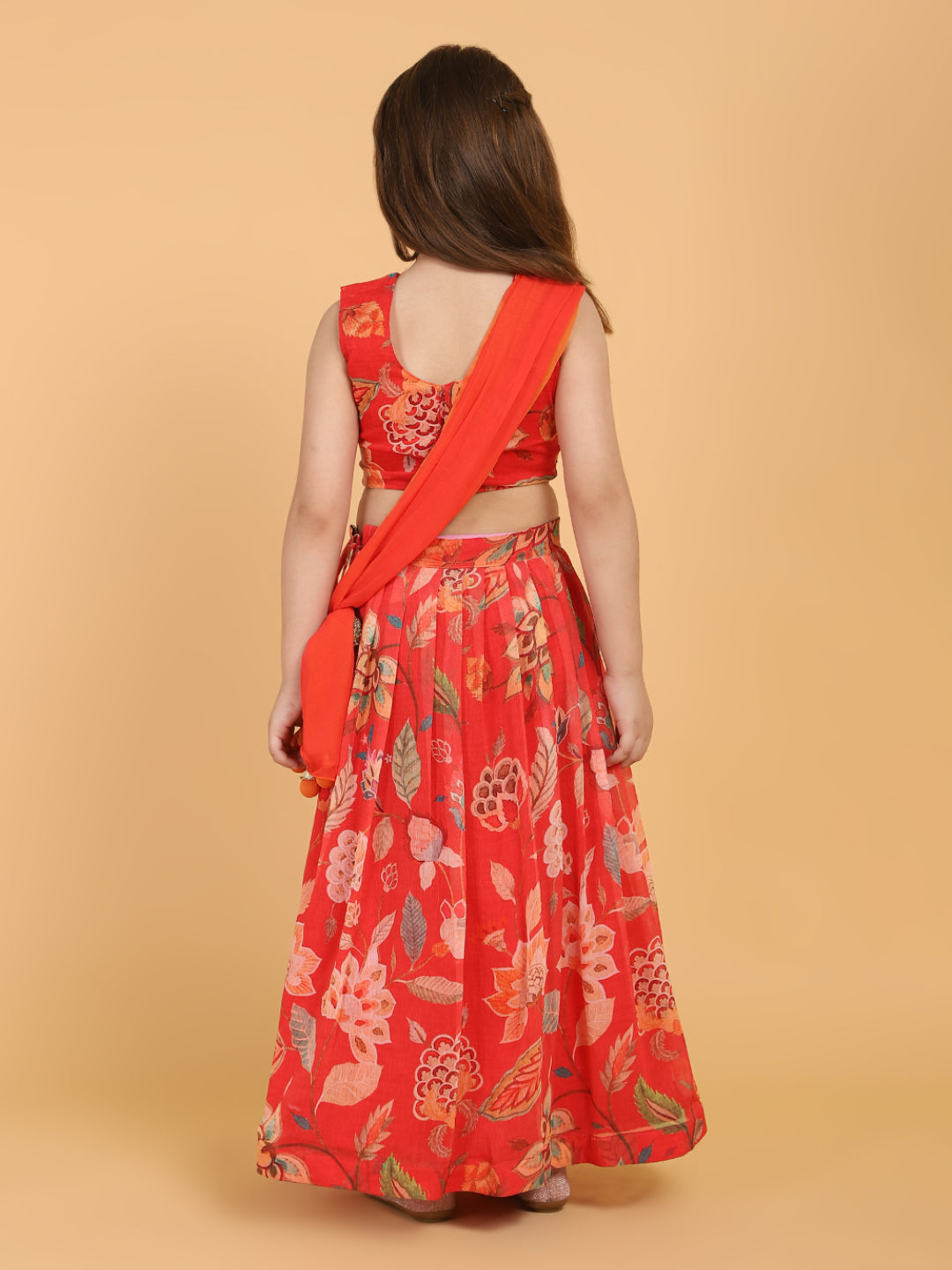 PICCOLO Floral Printed Chiffon Lehenga Choli with Dupatta-Red