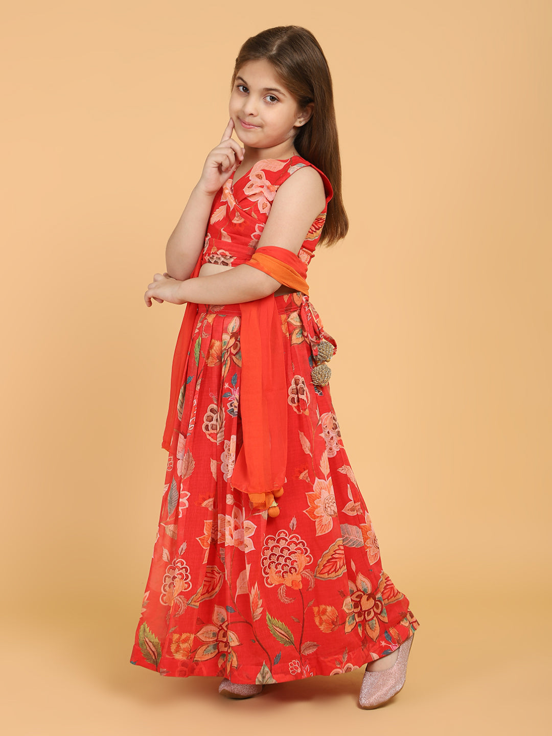 PICCOLO Floral Printed Chiffon Lehenga Choli with Dupatta-Red