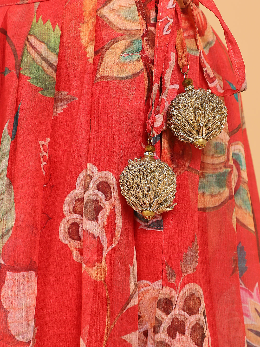 PICCOLO Floral Printed Chiffon Lehenga Choli with Dupatta-Red