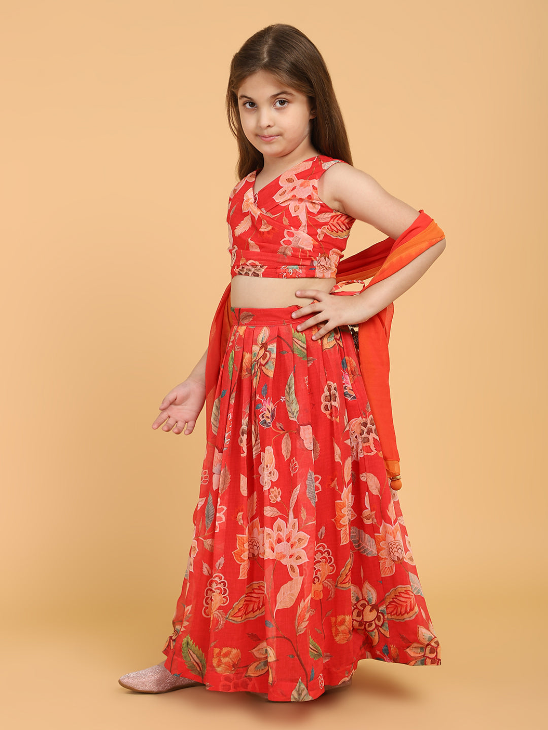 PICCOLO Floral Printed Chiffon Lehenga Choli with Dupatta-Red