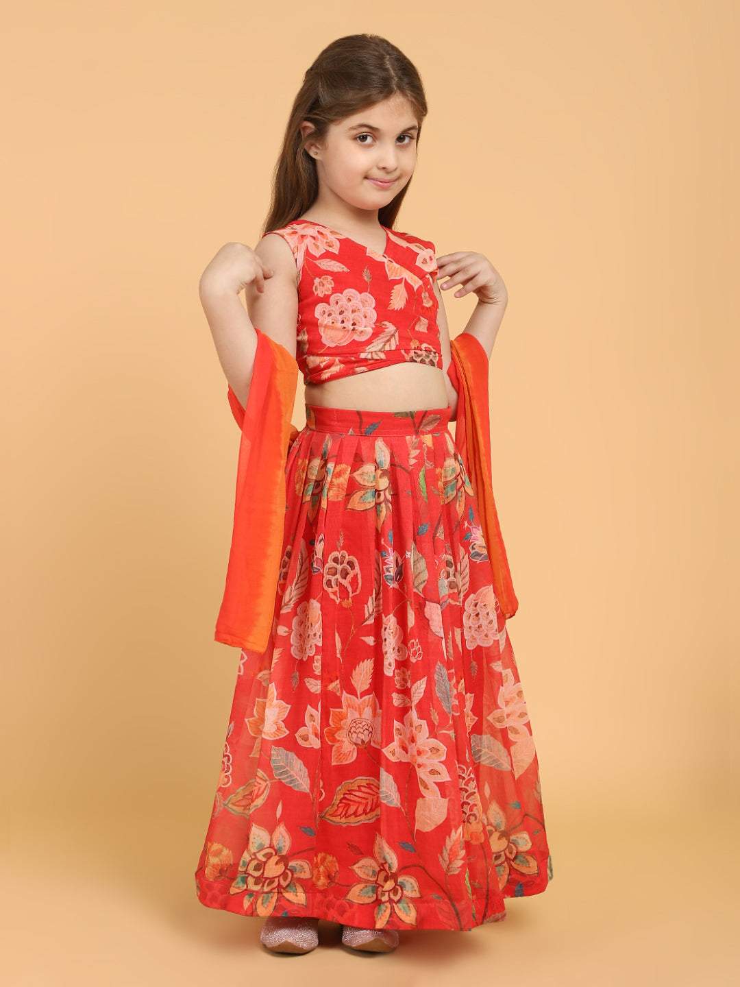 PICCOLO Floral Printed Chiffon Lehenga Choli with Dupatta-Red