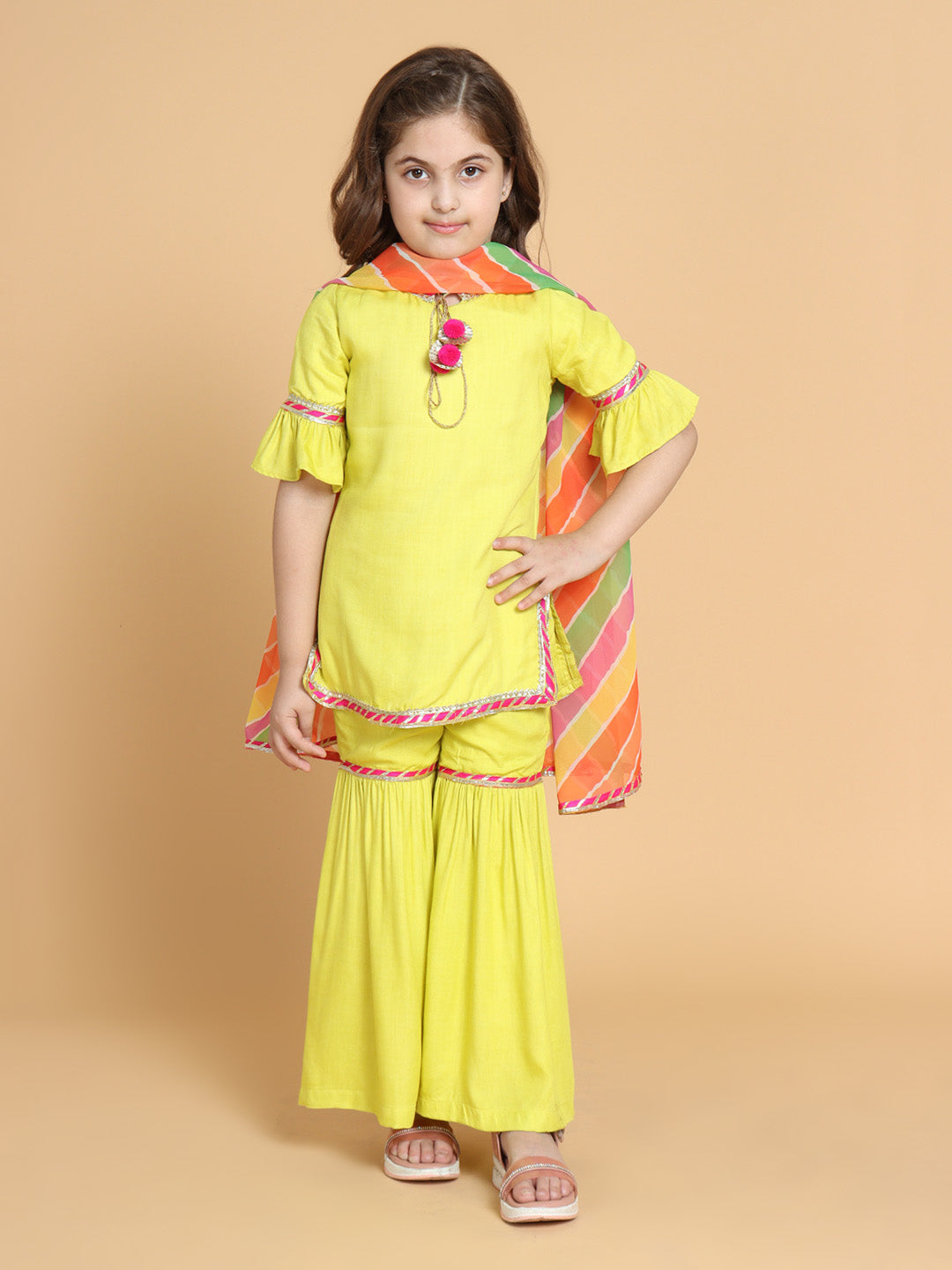 Piccolo Girls Yellow Kurti With Sharara &amp; With Dupatta