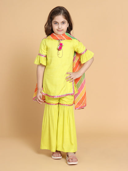 Piccolo Girls Yellow Kurti With Sharara &amp; With Dupatta