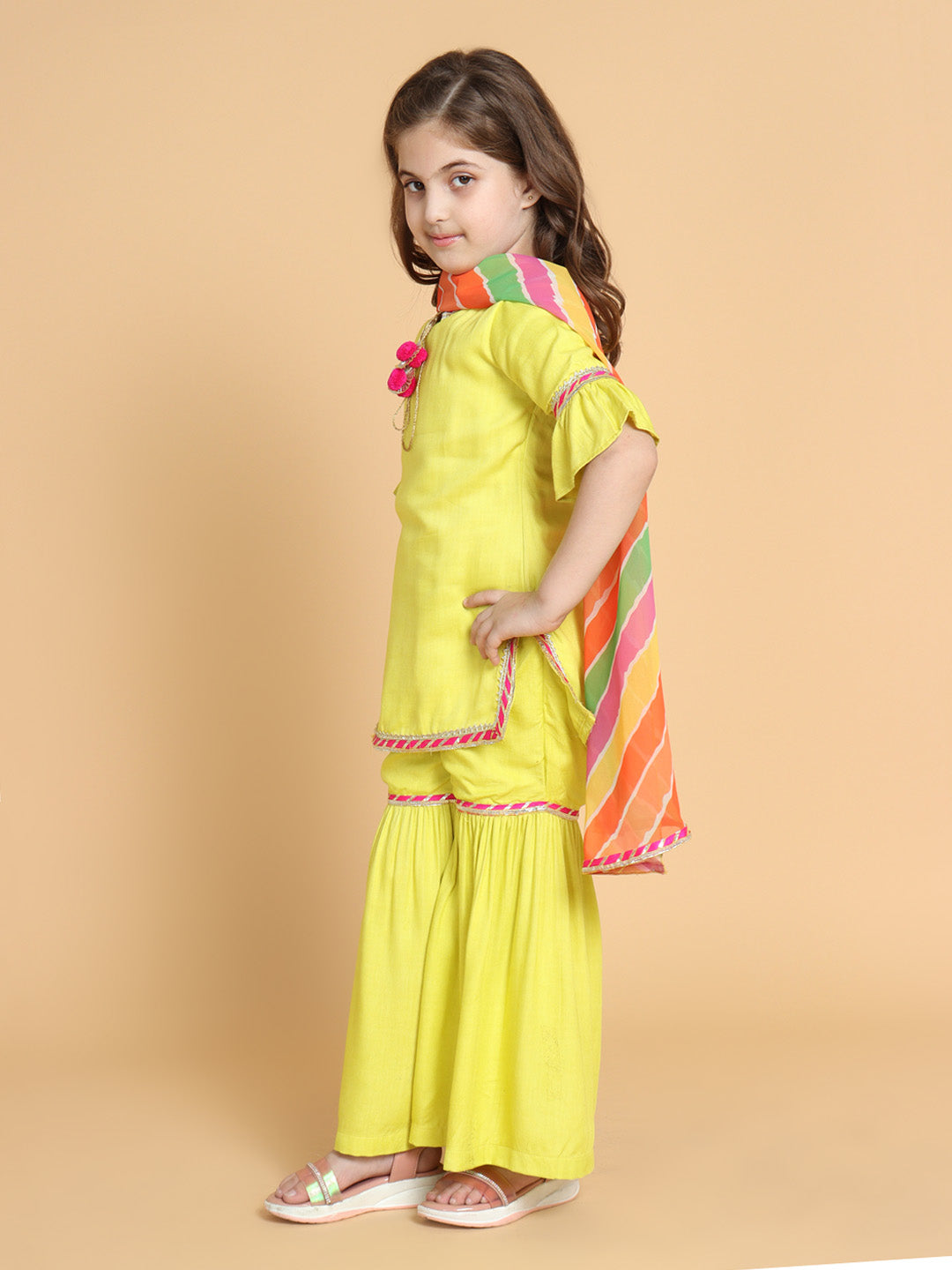 Piccolo Girls Yellow Kurti With Sharara &amp; With Dupatta
