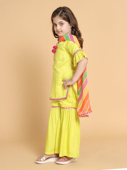 Piccolo Girls Yellow Kurti With Sharara &amp; With Dupatta