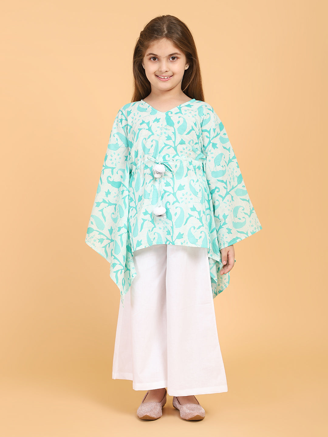 Piccolo - Printed Kaftan with pom pom detailing & Palazzo Set- Green