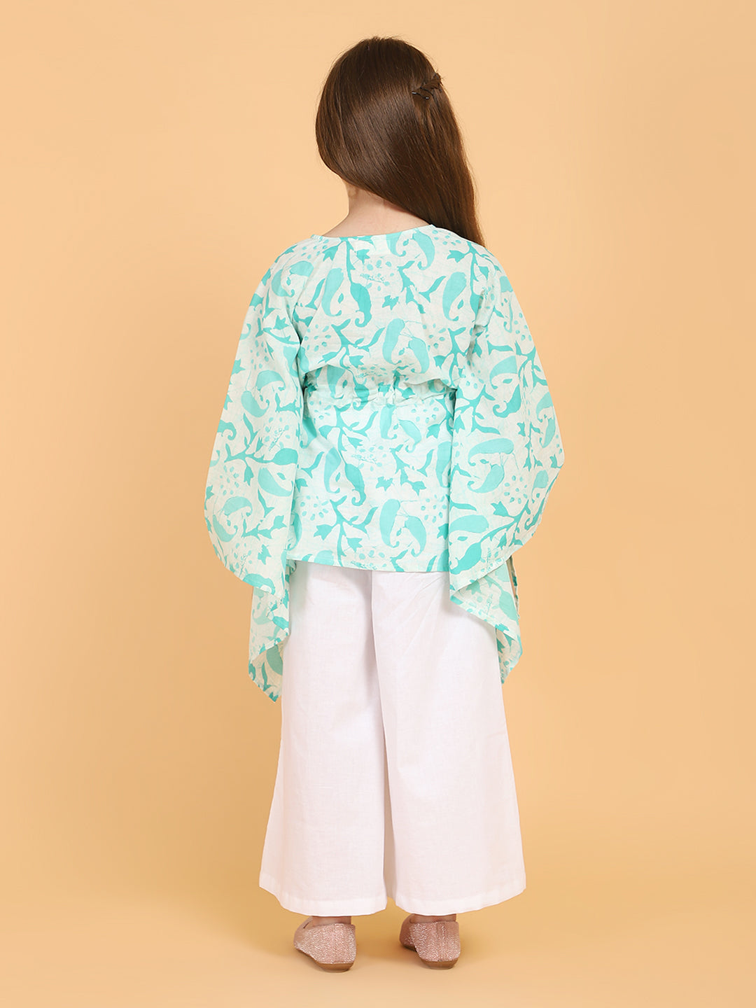 Piccolo - Printed Kaftan with pom pom detailing & Palazzo Set- Green