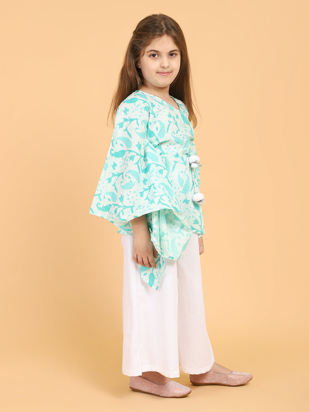 Piccolo - Printed Kaftan with pom pom detailing & Palazzo Set- Green