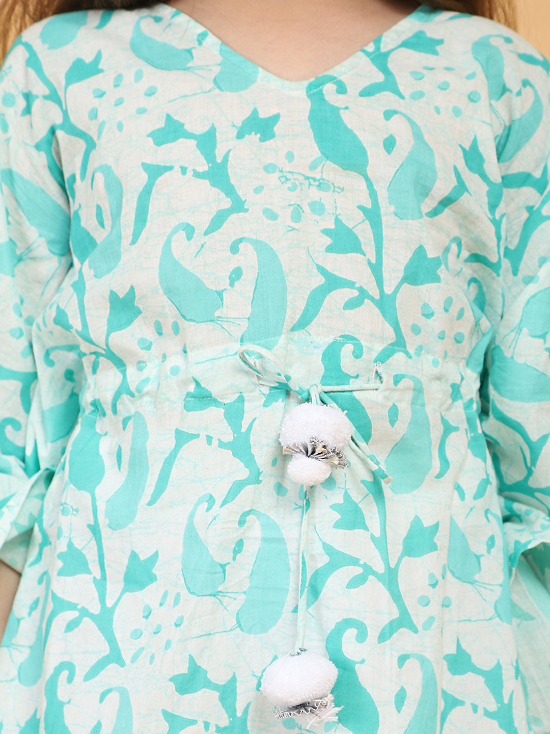 Piccolo - Printed Kaftan with pom pom detailing & Palazzo Set- Green