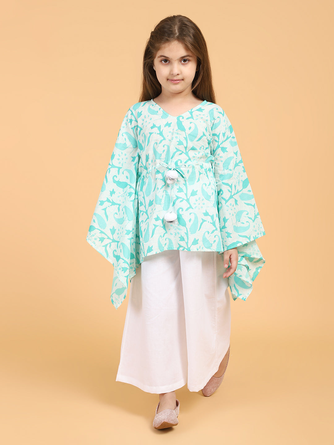 Piccolo - Printed Kaftan with pom pom detailing & Palazzo Set- Green