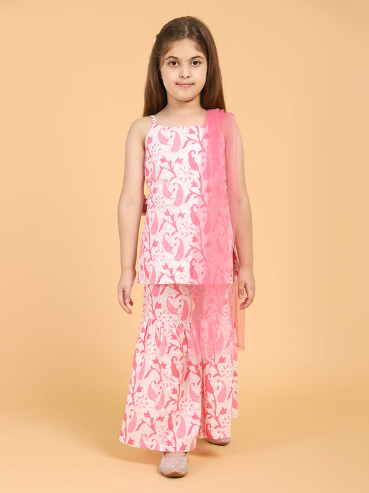 Piccolo - Printed Kurti &amp; Sharara set With Dupatta - Pink