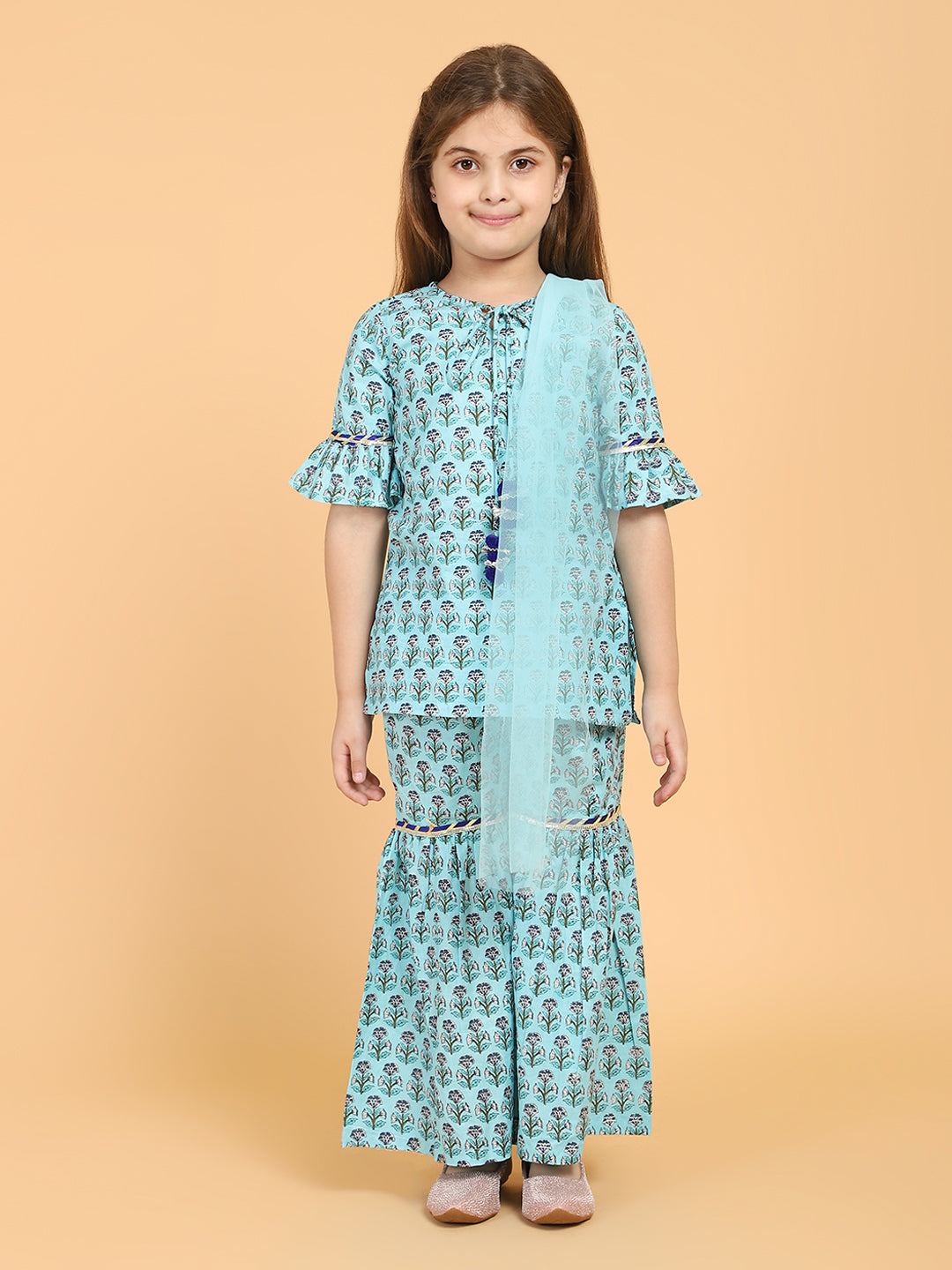 Piccolo - Floral Print One shoulder Kurti &amp;  Palazzo Set With Dupatta - Blue
