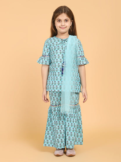 Piccolo - Floral Print One shoulder Kurti &amp;  Palazzo Set With Dupatta - Blue