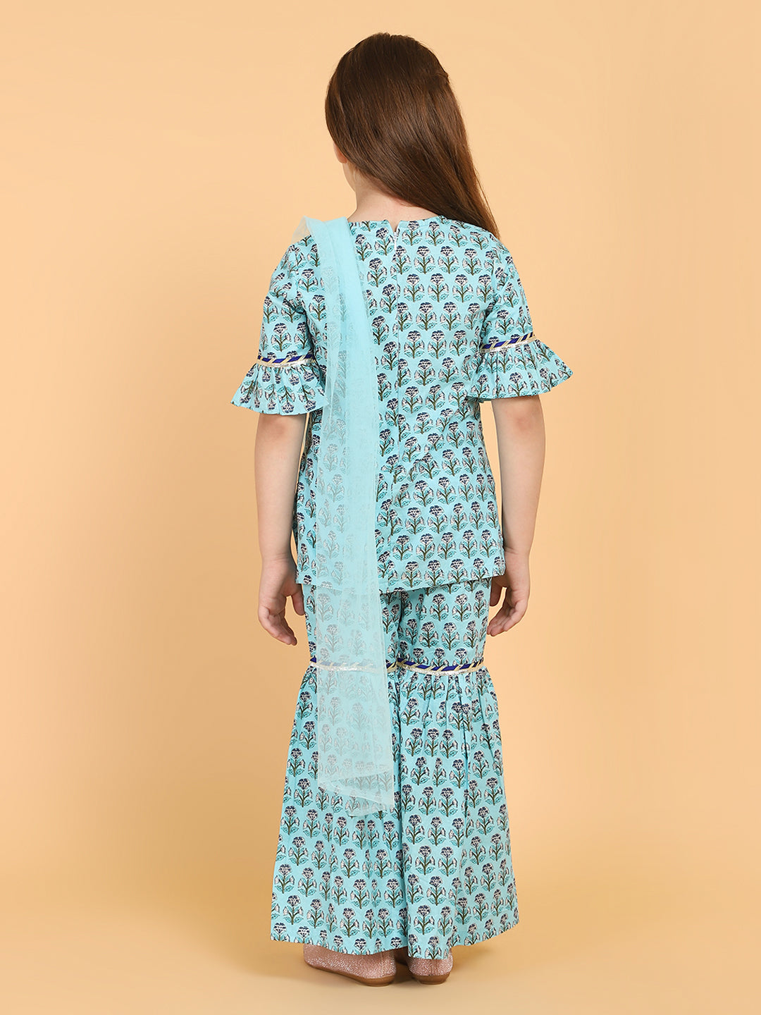 Piccolo - Floral Print One shoulder Kurti &amp;  Palazzo Set With Dupatta - Blue