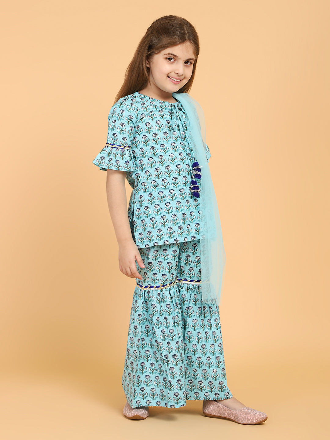 Piccolo - Floral Print One shoulder Kurti &amp;  Palazzo Set With Dupatta - Blue