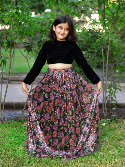 Girls Floral Black Sequin Lehenga And Velvet Blouse Set