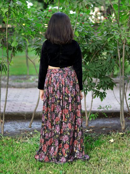 Piccolo-Floral Sequin Lehenge With Full Sleeves Velvet Blouse- Black