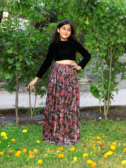 Piccolo-Floral Sequin Lehenge With Full Sleeves Velvet Blouse- Black