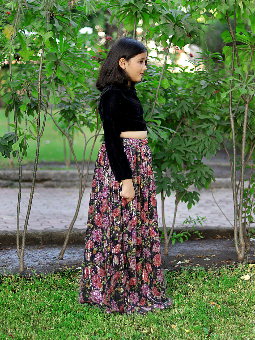 Piccolo-Floral Sequin Lehenge With Full Sleeves Velvet Blouse- Black