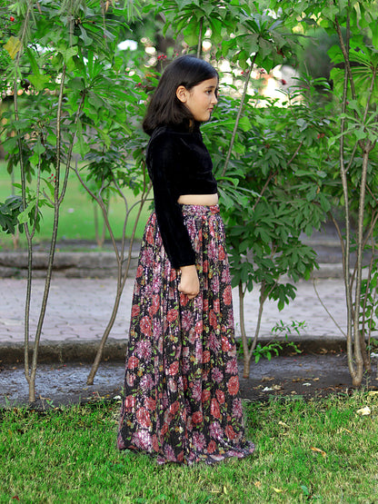 Piccolo-Floral Sequin Lehenge With Full Sleeves Velvet Blouse- Black