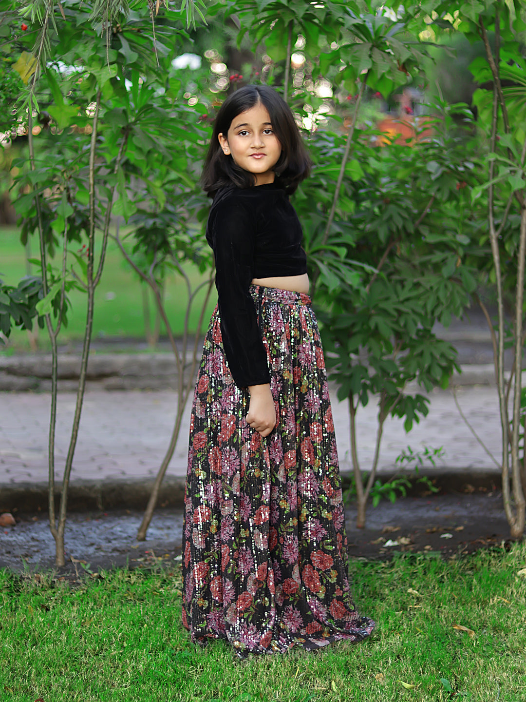 Piccolo-Floral Sequin Lehenge With Full Sleeves Velvet Blouse- Black