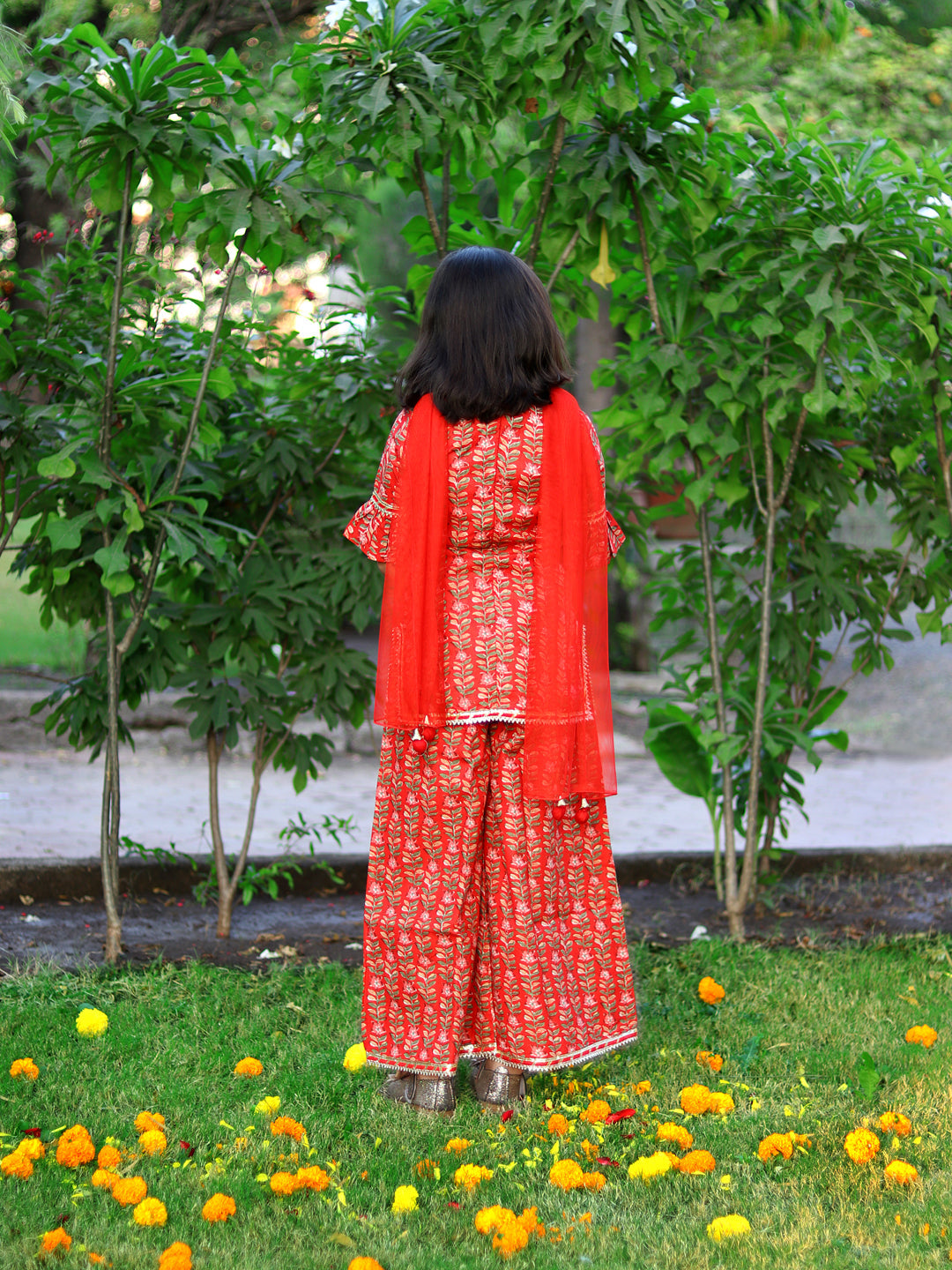 Piccolo-Floral Printed Sharara Set With Dupatta- Red