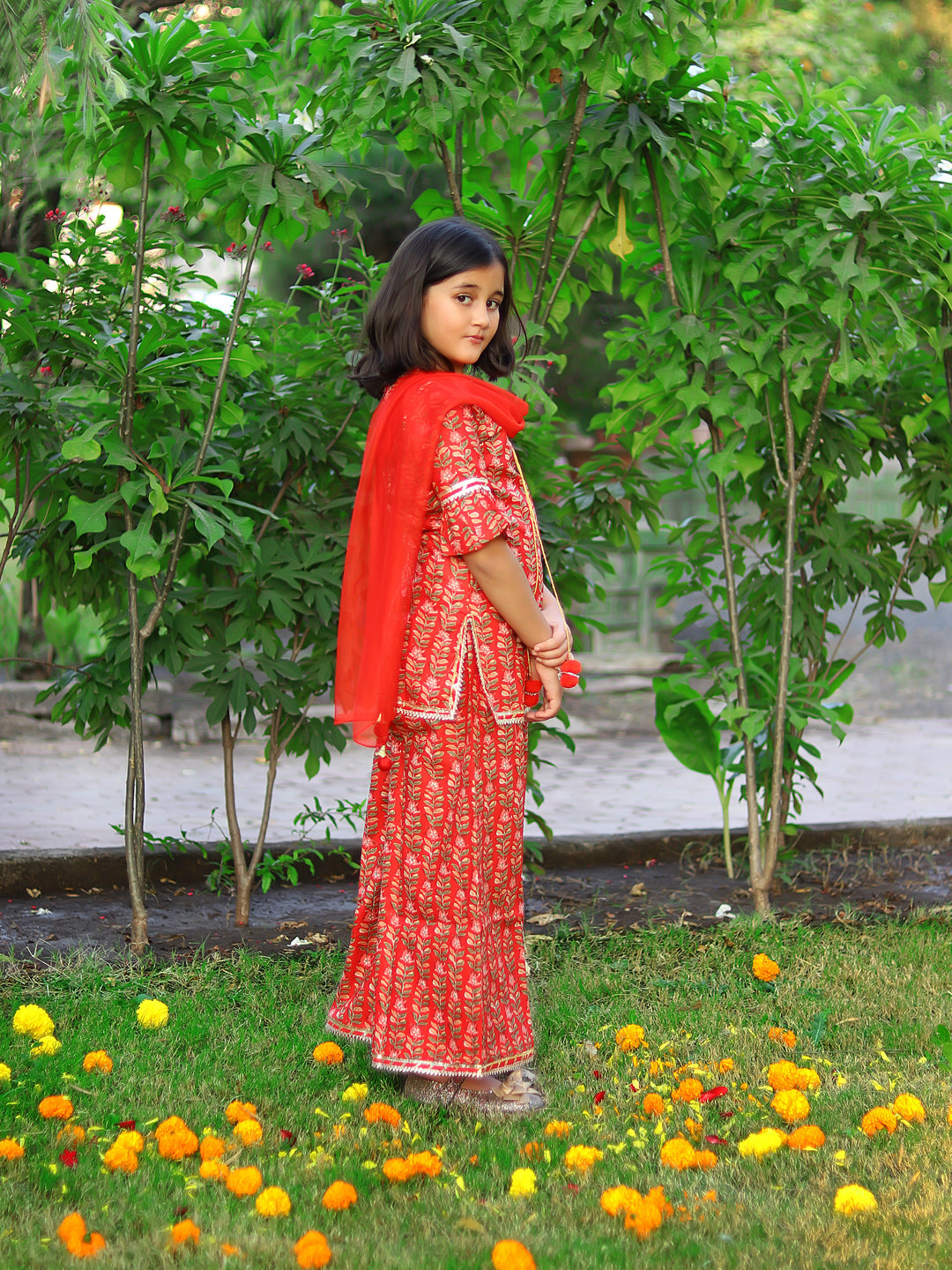 Piccolo-Floral Printed Sharara Set With Dupatta- Red