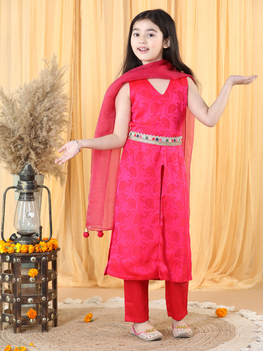 Girls Pink Empire Silk Crepe Kurta with Trousers &amp; With Dupatta