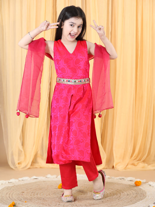 Girls Pink Empire Silk Crepe Kurta with Trousers &amp; With Dupatta