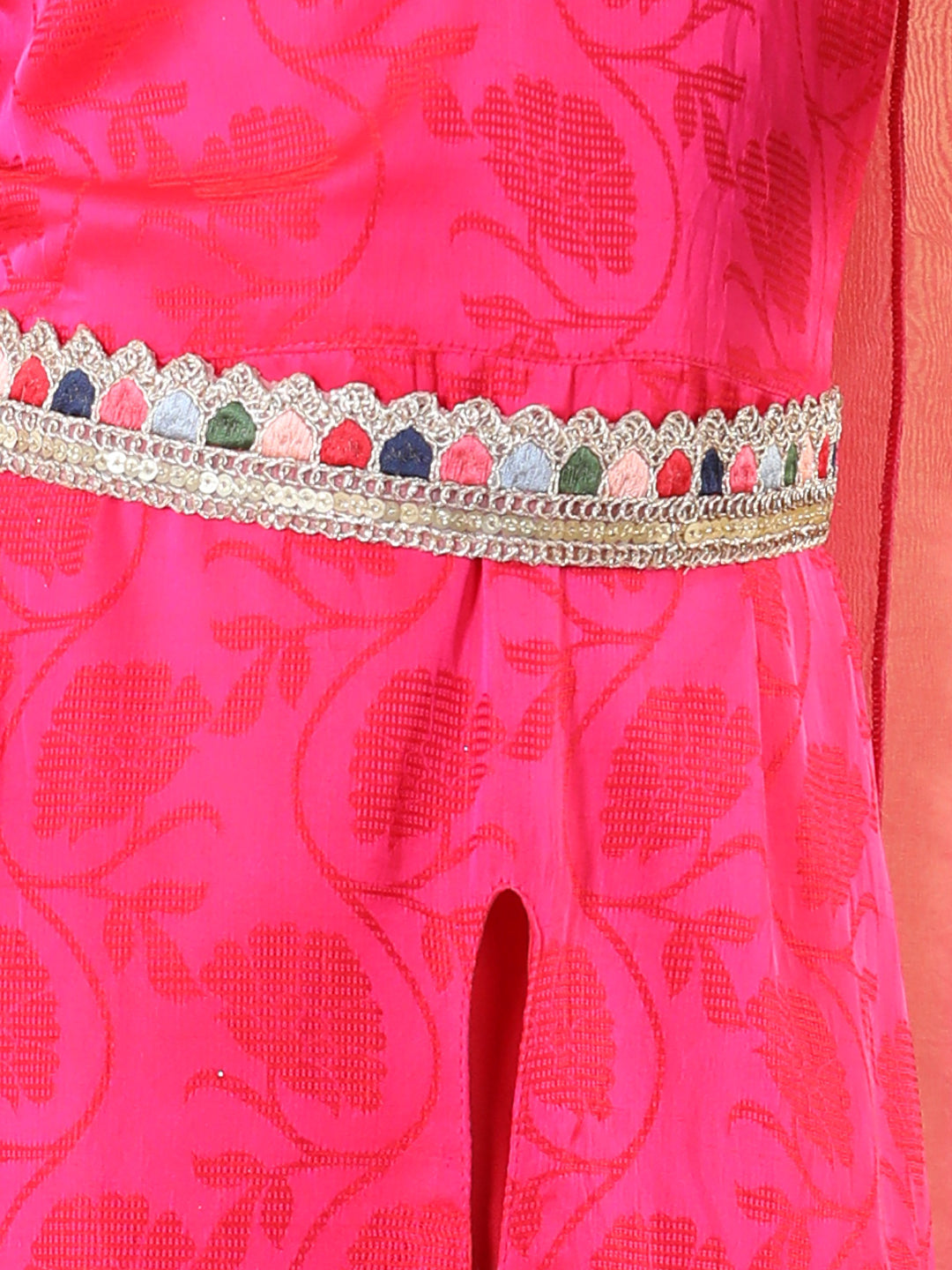 Girls Pink Empire Silk Crepe Kurta with Trousers &amp; With Dupatta