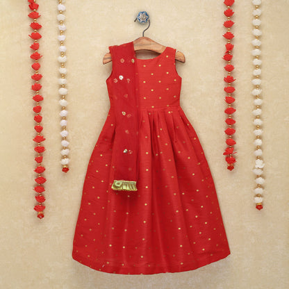 Sleeveless Red Indian Gown With Dupatta