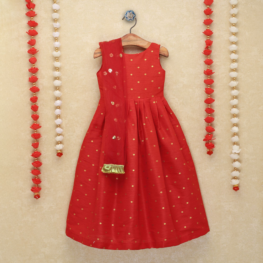 Girls Red Golden Polka Dotted Floor Length Anarkali With Dupatta