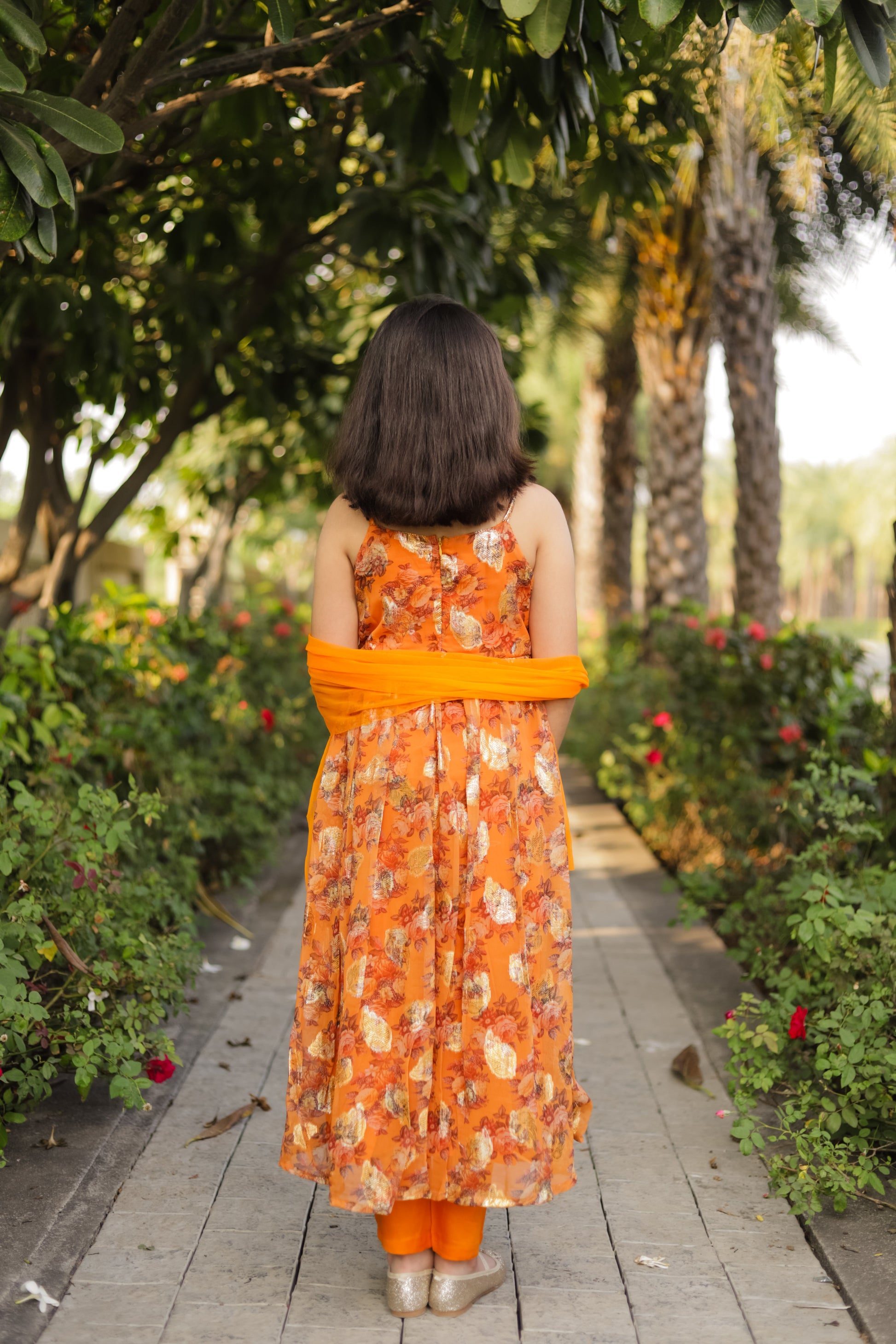 Girls Orange Floral Printed Empire Silk Chiffon Kurta with Trousers &amp; With Dupatta