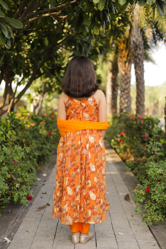 Girls Orange Floral Printed Empire Silk Chiffon Kurta with Trousers &amp; With Dupatta