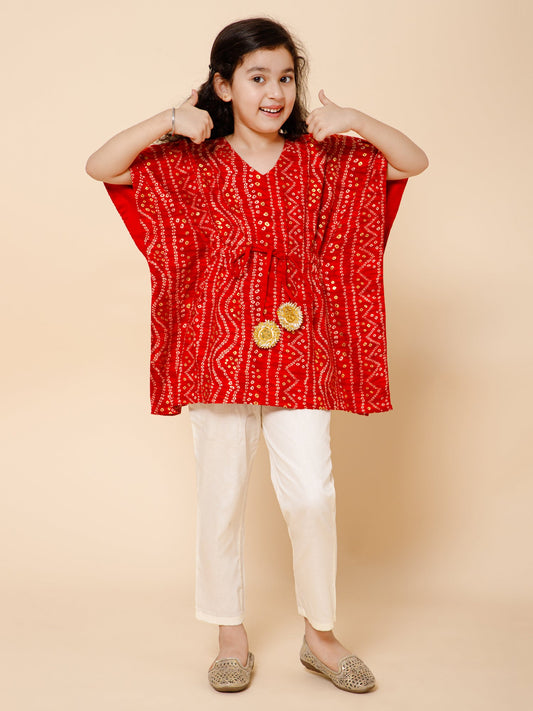 Piccolo-Bandhni Kaftan With Pants-Red &amp; Cream