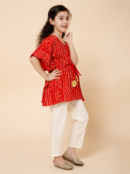 Girls Red Bandhani Print Kaftan And Pants Set