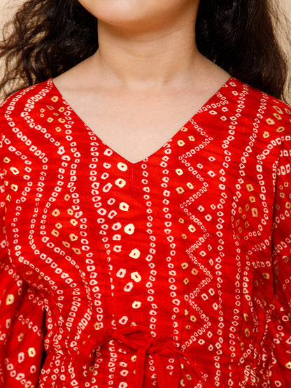 Piccolo-Bandhni Kaftan With Pants-Red &amp; Cream