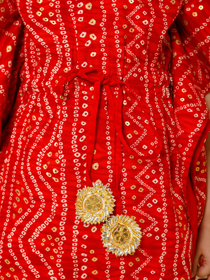 Piccolo-Bandhni Kaftan With Pants-Red &amp; Cream