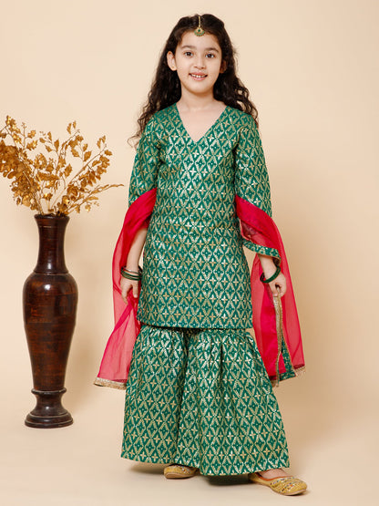 Piccolo- Brocade kurti with sharara set, organza duppatta --Green &amp; pink