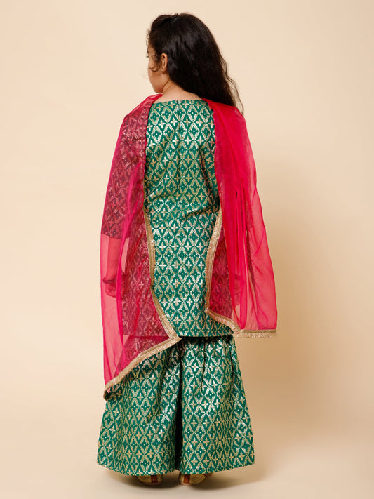 Piccolo- Brocade kurti with sharara set, organza duppatta --Green &amp; pink