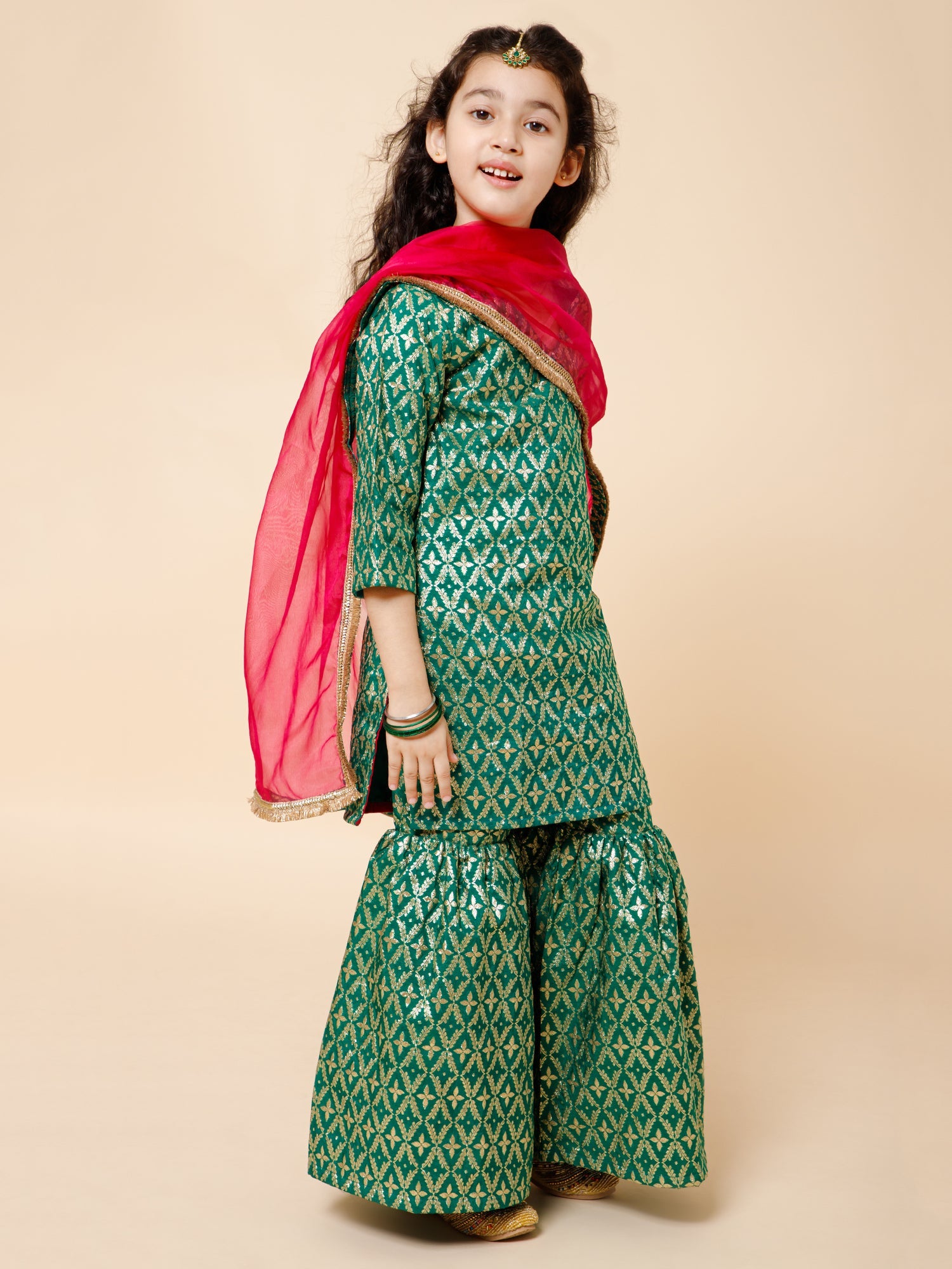 Piccolo- Brocade kurti with sharara set, organza duppatta --Green &amp; pink