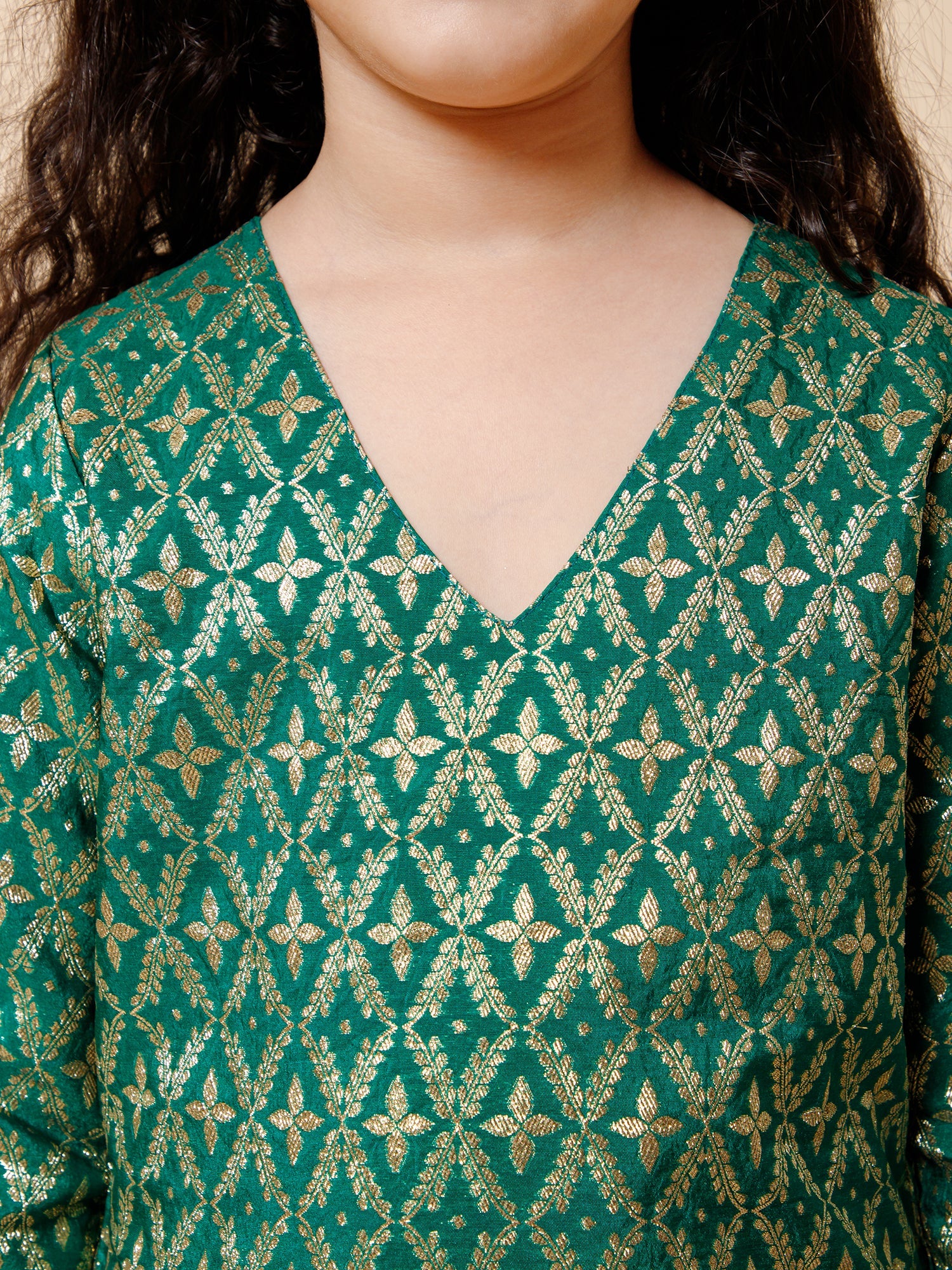 Piccolo- Brocade kurti with sharara set, organza duppatta --Green &amp; pink