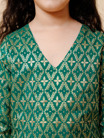 Piccolo- Brocade kurti with sharara set, organza duppatta --Green &amp; pink