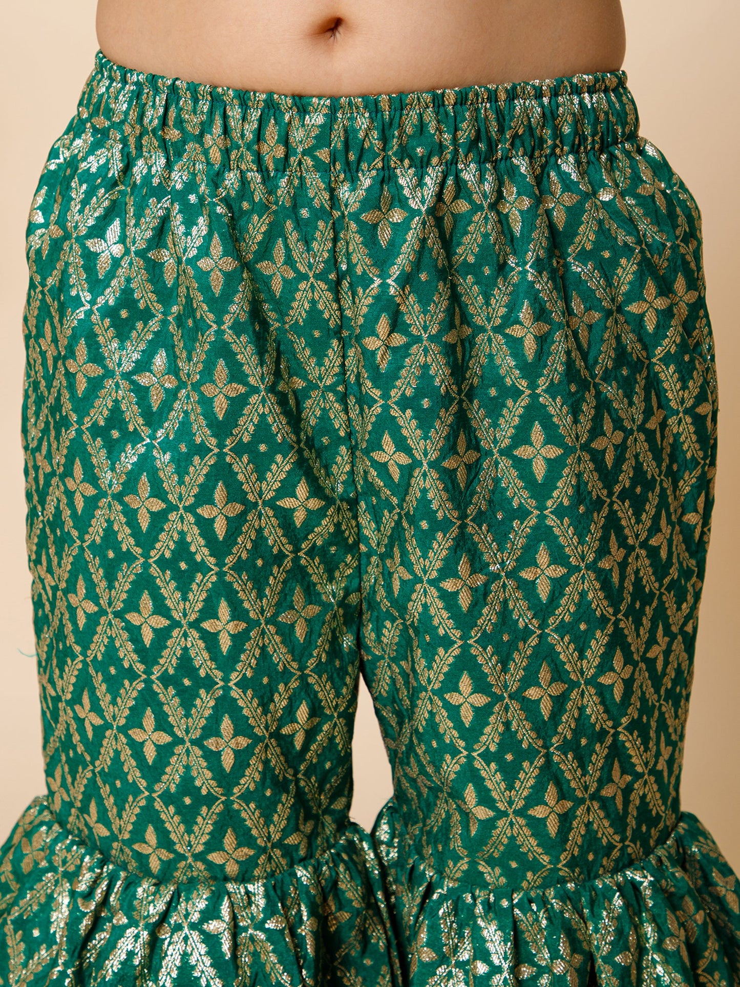 Piccolo- Brocade kurti with sharara set, organza duppatta --Green &amp; pink