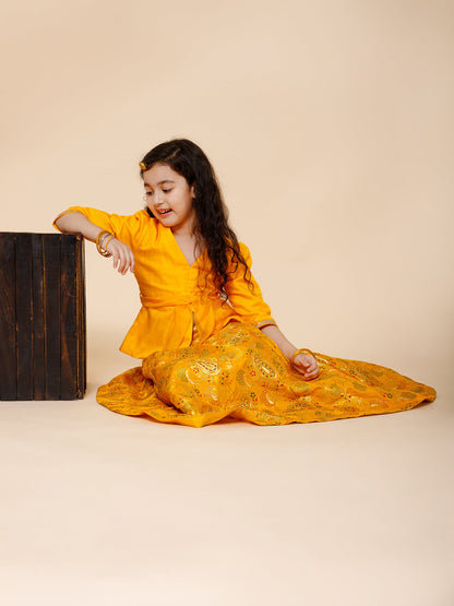 Girls Yellow Banarasi Lehenga And Organza Tie Blouse Set