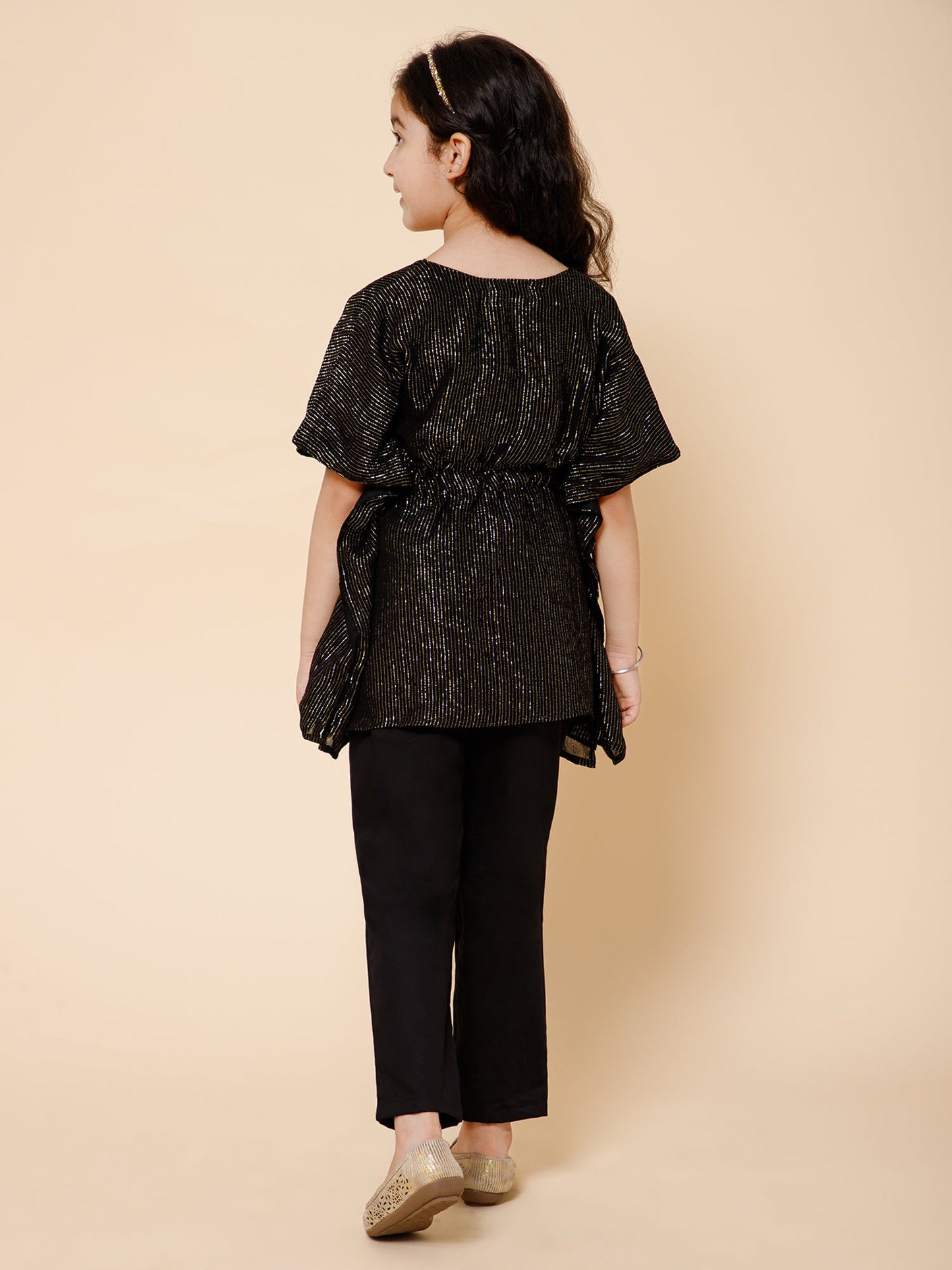 Piccolo-Zari Lining Kaftan And Pant Set-Black