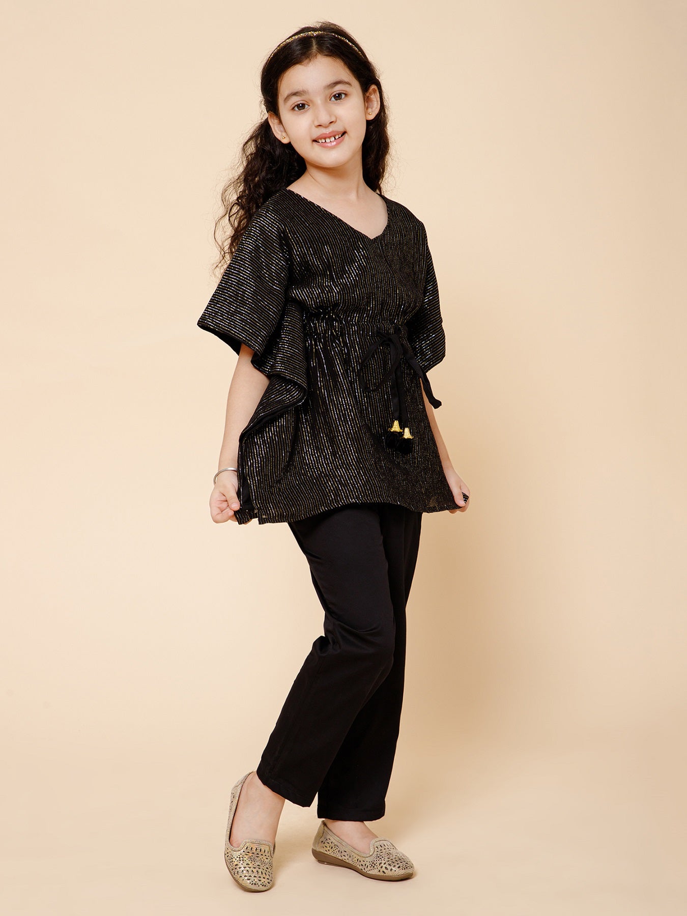 Piccolo-Zari Lining Kaftan And Pant Set-Black