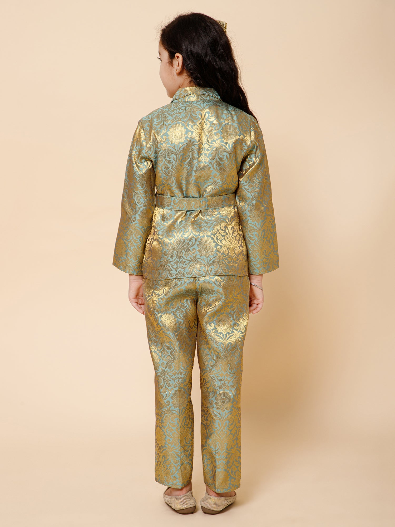 Piccolo-Silk Blazer And Pant Set With Belt-Gold