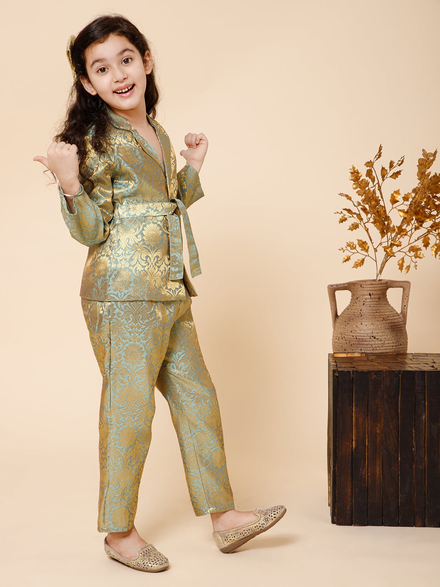 Piccolo-Silk Blazer And Pant Set With Belt-Gold